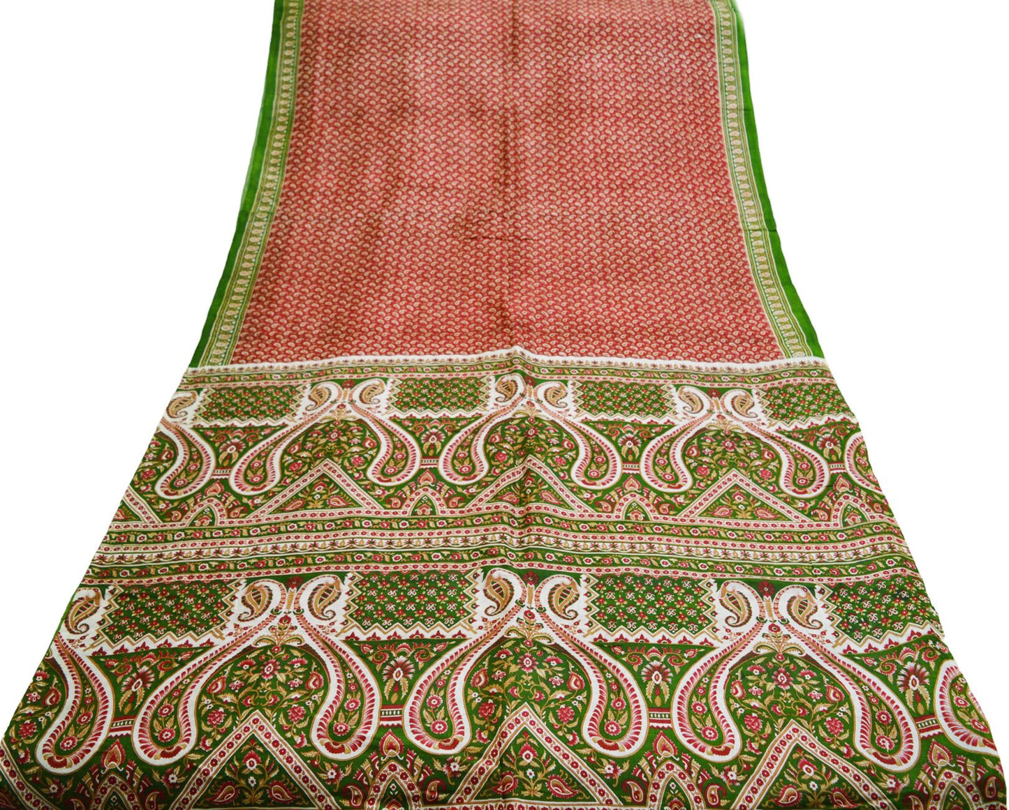 Indian Vintage Sari Red & Green Pure Silk Printed Saree Fabric 5yard Sewing Craft Fabric DressMaking Wrap