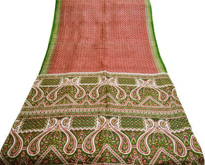 Indian Vintage Sari Red & Green Pure Silk Printed Saree Fabric 5yard Sewing Craft Fabric DressMaking Wrap