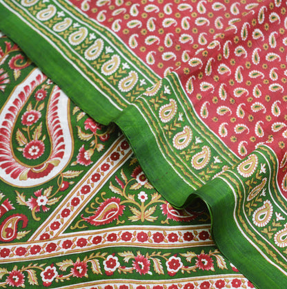 Indian Vintage Sari Red & Green Pure Silk Printed Saree Fabric 5yard Sewing Craft Fabric DressMaking Wrap