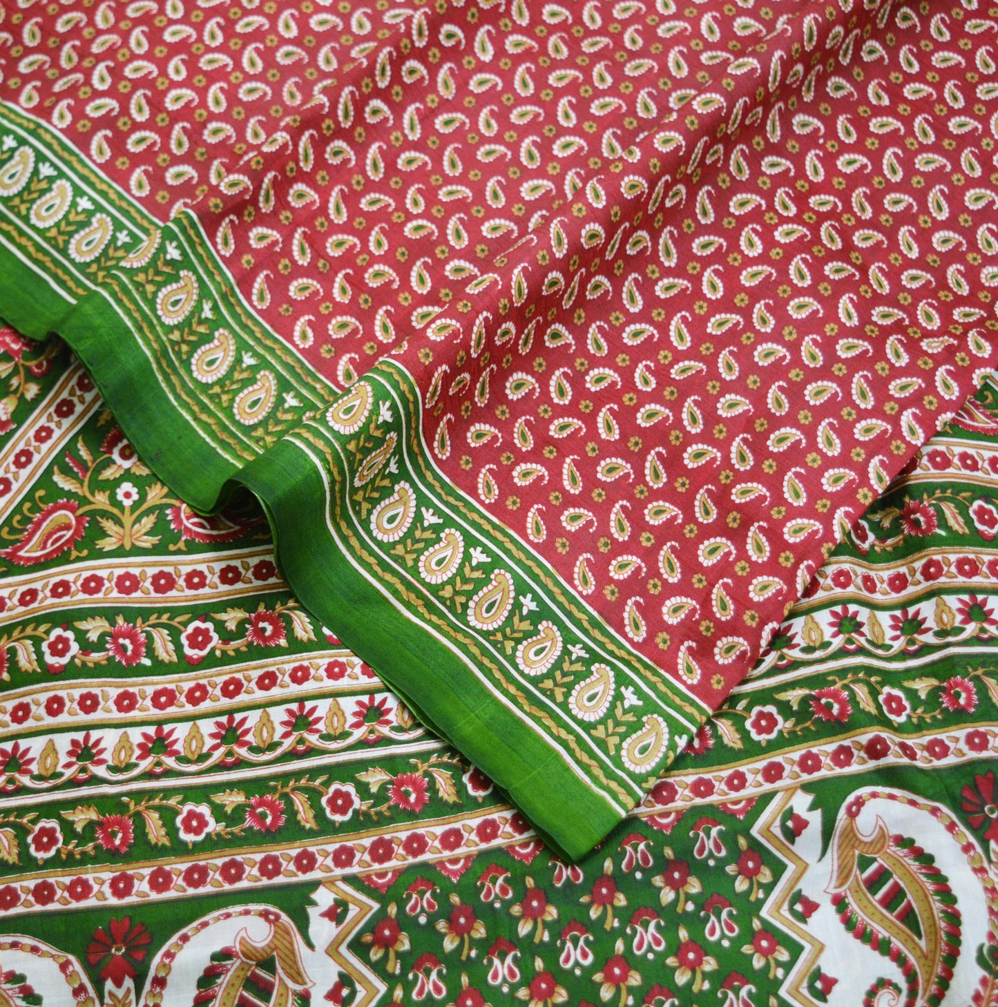 Indian Vintage Sari Red & Green Pure Silk Printed Saree Fabric 5yard Sewing Craft Fabric DressMaking Wrap