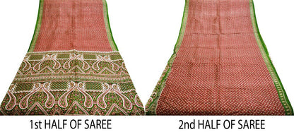 Indian Vintage Sari Red & Green Pure Silk Printed Saree Fabric 5yard Sewing Craft Fabric DressMaking Wrap