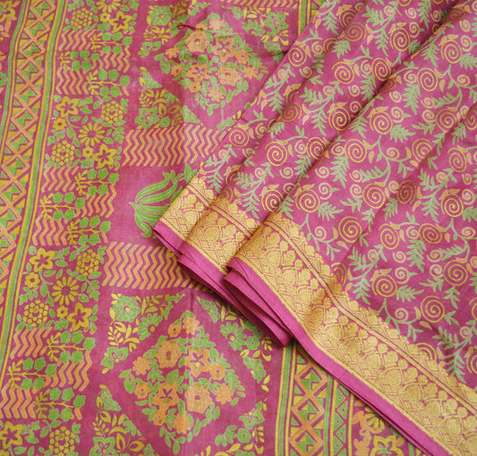 Indian Vintage Sari Pink 100% Pure Silk Painted/Printed Sarees Fabric 5yard Sewing Craft Fabric DressMaking  Soft Wrap