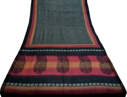 Vintage Black Heavy Saree Pure Woolen Woven Printed Indian Sari Soft Warm Fabric 5Yard Floral Woven Border