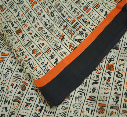 Indian Vintage Ivory Saree Pure Khadi Silk Handloom Warli Printed Indian Sari Fabric 6yard Ethnic Wear Sari Humans