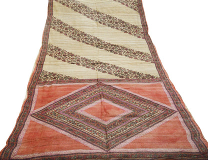 Indian Vintage Heavy Beige & Rusty Saree Pure Khadi Silk Handloom Indian Sari Craft Fabric 5yard Ethnic Wear Sari