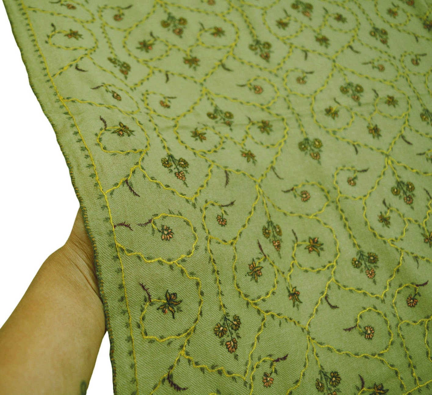 Vintage Green Shawl Pure Woolen Handmade Suzani Long Throw Stole Warm Stole Floral Design Soft