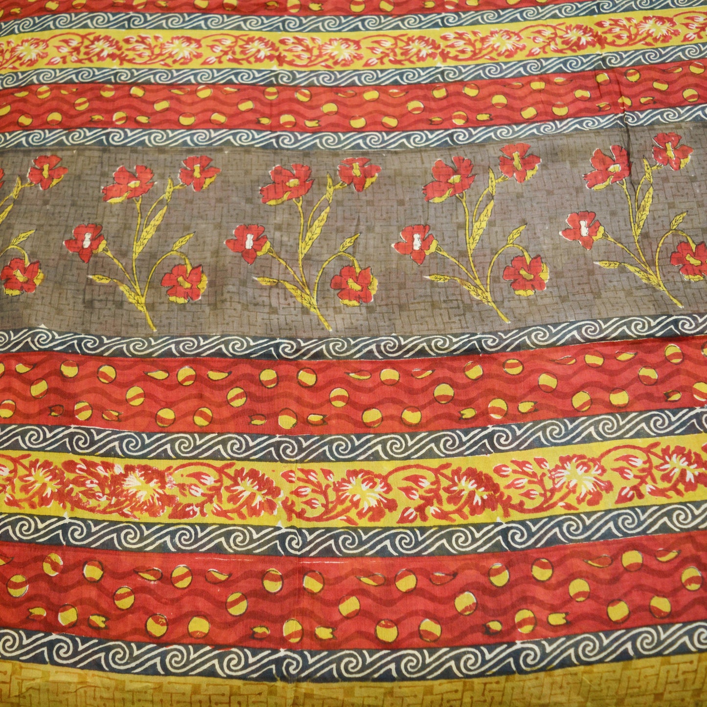 Indian Vintage Sari Brown & Red 100% Pure Silk Printed 5yard Sewing Craft Fabric DressMaking Soft