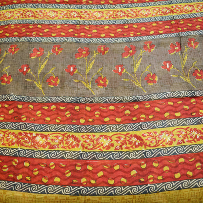 Indian Vintage Sari Brown & Red 100% Pure Silk Printed 5yard Sewing Craft Fabric DressMaking Soft