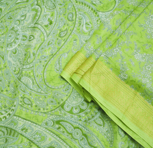 Indian Vintage Sari Green Pure Silk Printed Saree 5yard Sewing Craft Fabric DressMaking Soft Golden Zari