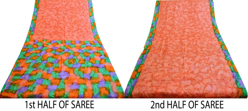 Indian Vintage Sari Orange & Peach 100% Pure Silk Tie-dye Printed Saree Fabric 6yd Sewing Craft Fabric DressMaking