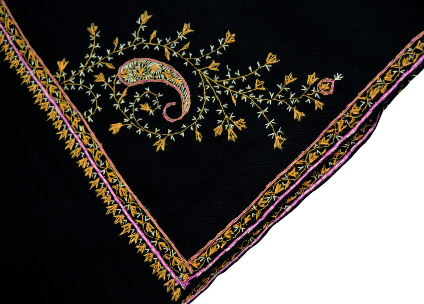 Vintage Black Pure Woolen Shawl Handmade Suzani Long Throw Stole Warm Stole Floral Design