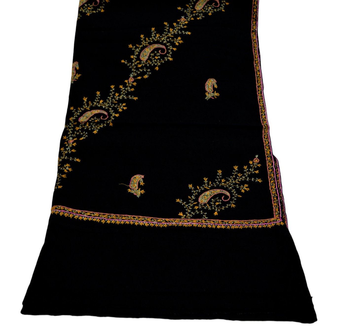 Vintage Black Pure Woolen Shawl Handmade Suzani Long Throw Stole Warm Stole Floral Design