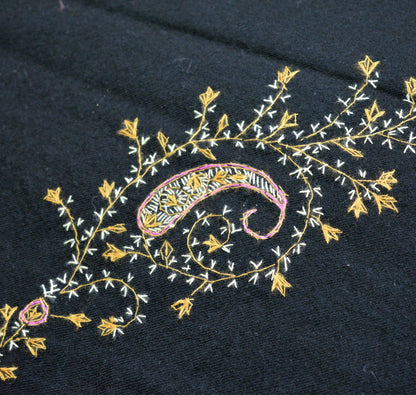 Vintage Black Pure Woolen Shawl Handmade Suzani Long Throw Stole Warm Stole Floral Design