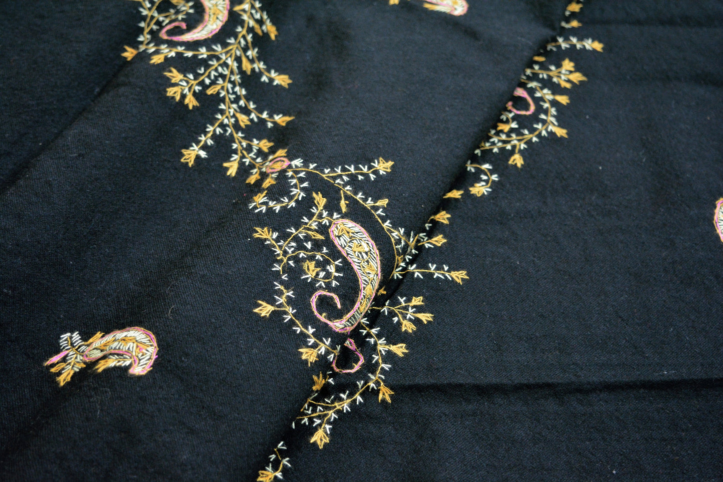 Vintage Black Pure Woolen Shawl Handmade Suzani Long Throw Stole Warm Stole Floral Design