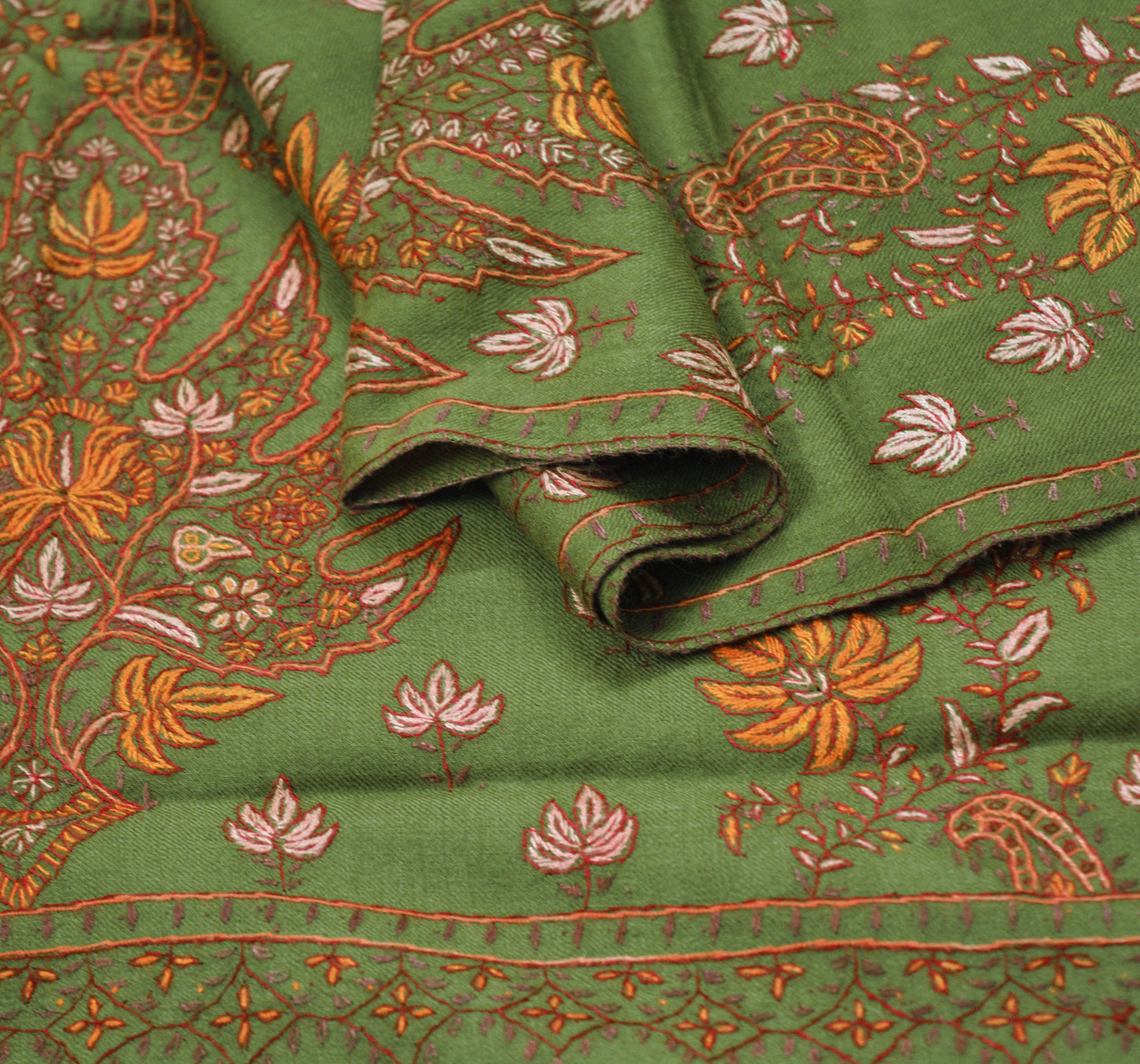 Vintage Green Shawl Pure Woolen Handmade Suzani Long Throw Stole Warm Stole Paisley Design Soft