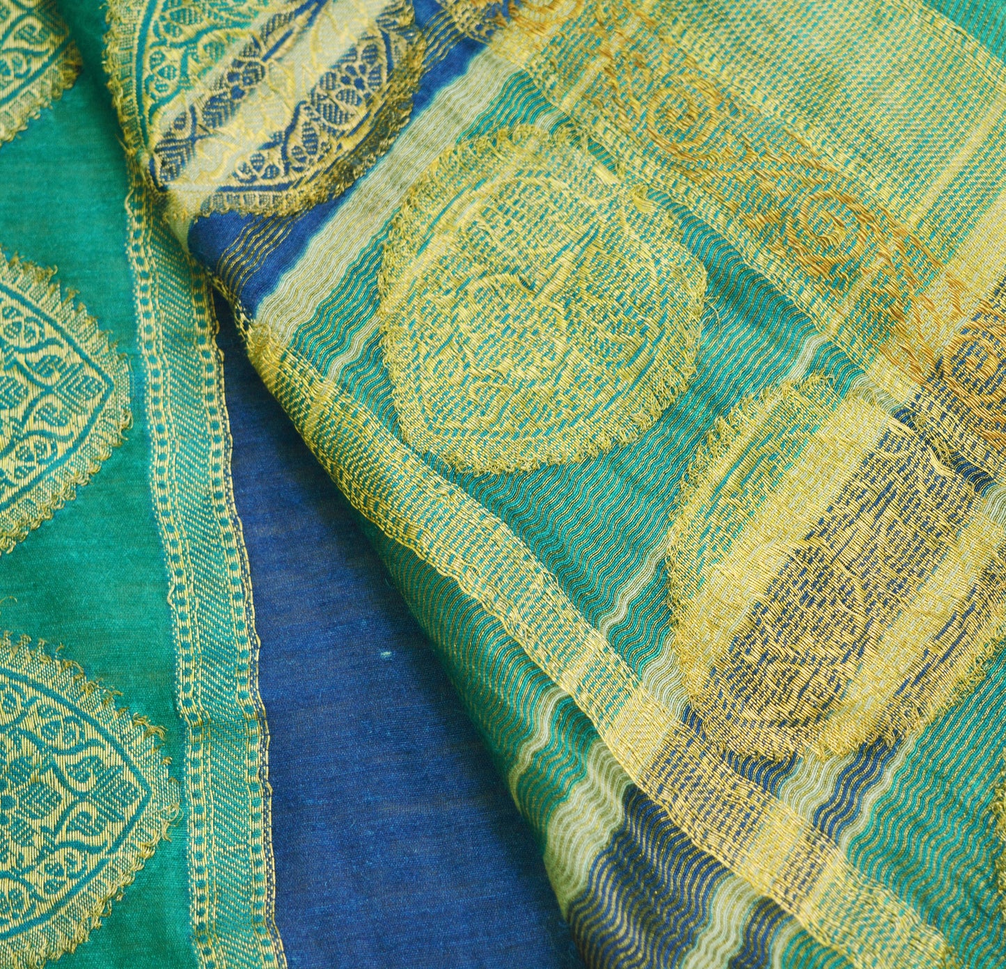 Indian Vintage Blue & Green Saree Pure Khadi Silk Handloom Woven Indian Sari Fabric 5yard Ethnic Wear Sari Zari Border