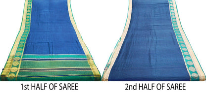 Indian Vintage Blue & Green Saree Pure Khadi Silk Handloom Woven Indian Sari Fabric 5yard Ethnic Wear Sari Zari Border