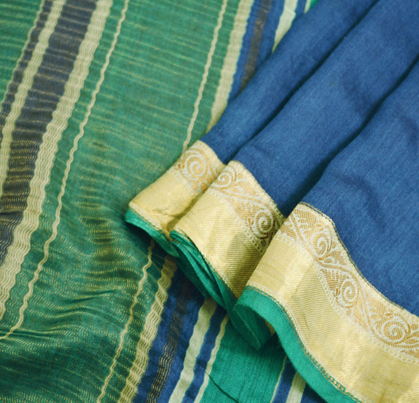 Indian Vintage Blue & Green Saree Pure Khadi Silk Handloom Woven Indian Sari Fabric 5yard Ethnic Wear Sari Zari Border