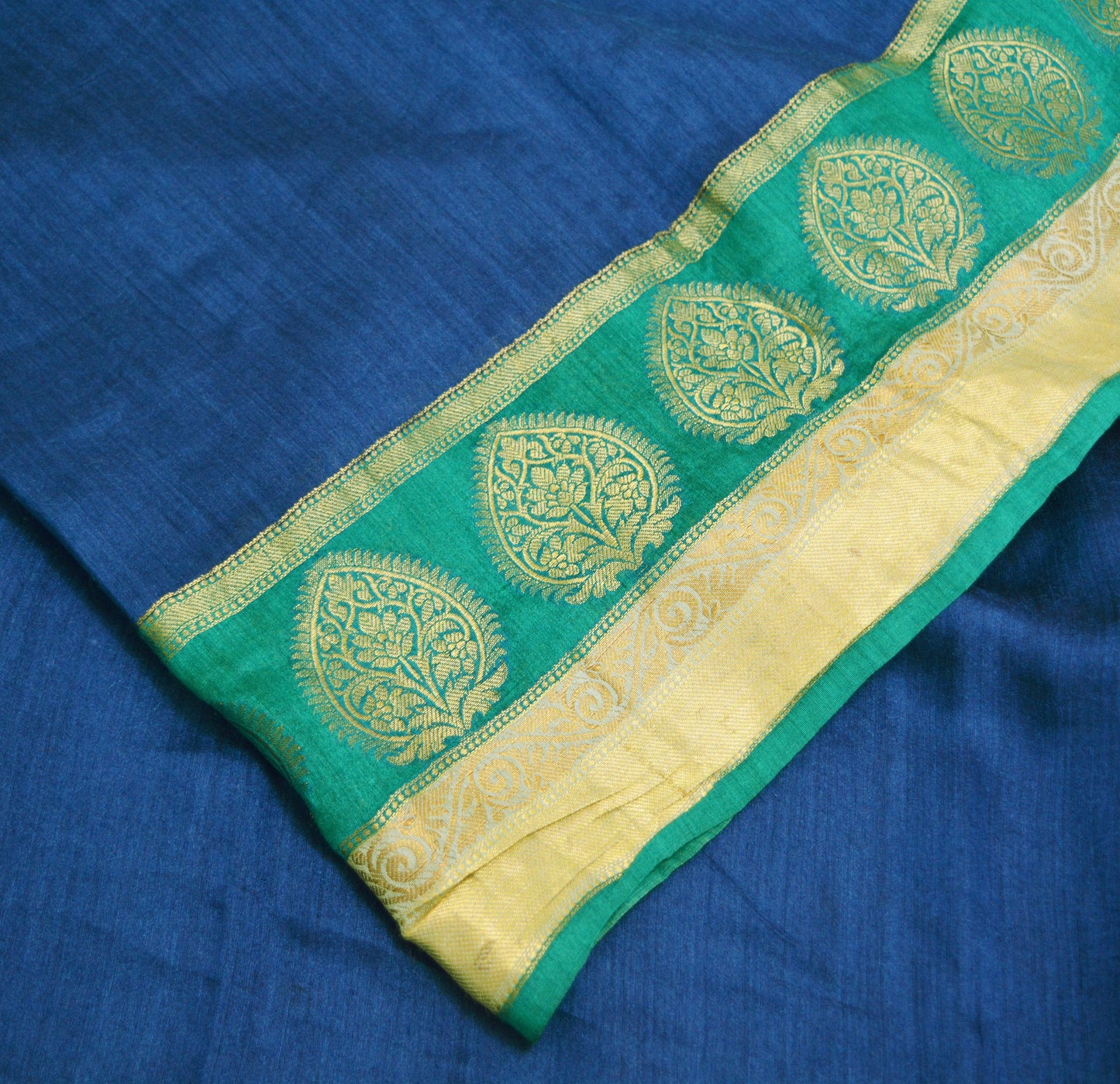 Indian Vintage Blue & Green Saree Pure Khadi Silk Handloom Woven Indian Sari Fabric 5yard Ethnic Wear Sari Zari Border