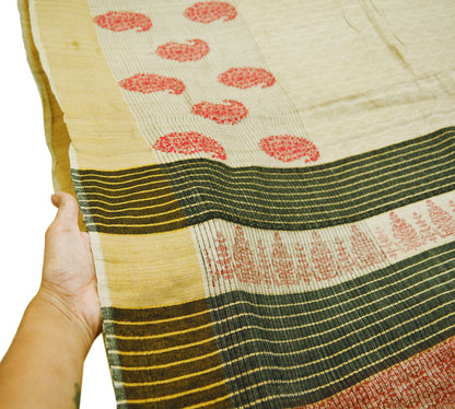 Indian Vintage Beige  Saree Pure Khadi Silk Handloom Woven Indian Sari Fabric 5yard Ethnic Wear Sari Zari Border