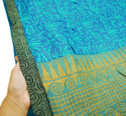 Vintage Blue Heavy Saree Pure Woolen Woven Printed Indian Sari Soft Warm Fabric 5Yard Floral Woven Border