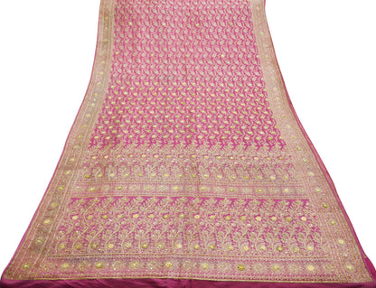 Vintage Sari Pink Heavy Wedding Pure Satin Silk Hand Embroidered Banarsi Brocade Saree Zari/Zardozi/Dabka 5Yd