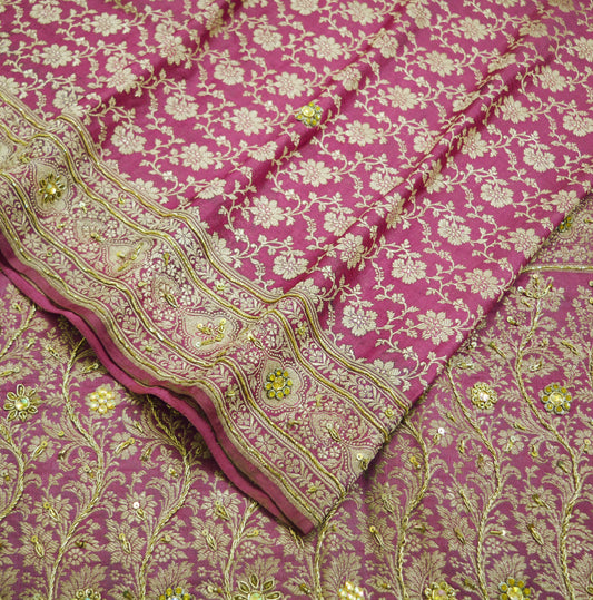 Vintage Sari Pink Heavy Wedding Pure Satin Silk Hand Embroidered Banarsi Brocade Saree Zari/Zardozi/Dabka 5Yd