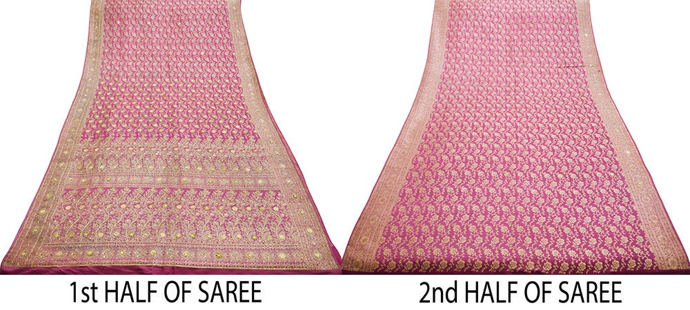 Vintage Sari Pink Heavy Wedding Pure Satin Silk Hand Embroidered Banarsi Brocade Saree Zari/Zardozi/Dabka 5Yd