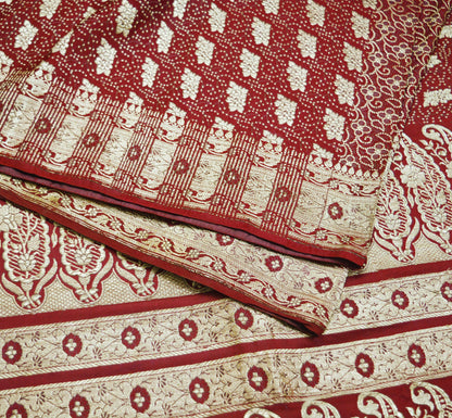 Indian Vintage Sari Maroon Heavy Wedding  Pure Satin Silk Woven Banarasi Brocade Saree Golden Zari 5Yd