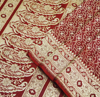 Indian Vintage Sari Maroon Heavy Wedding  Pure Satin Silk Woven Banarasi Brocade Saree Golden Zari 5Yd