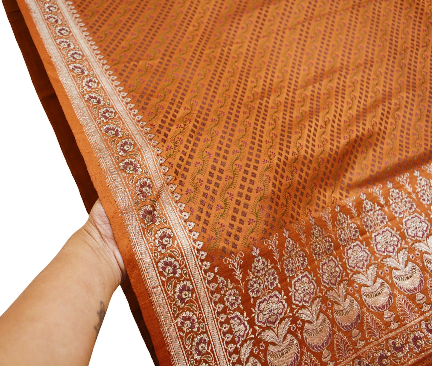 Indian Vintage Sari Orange Heavy Wedding Pure Satin Silk Woven Banarasi Brocade Saree Zari 5Yard