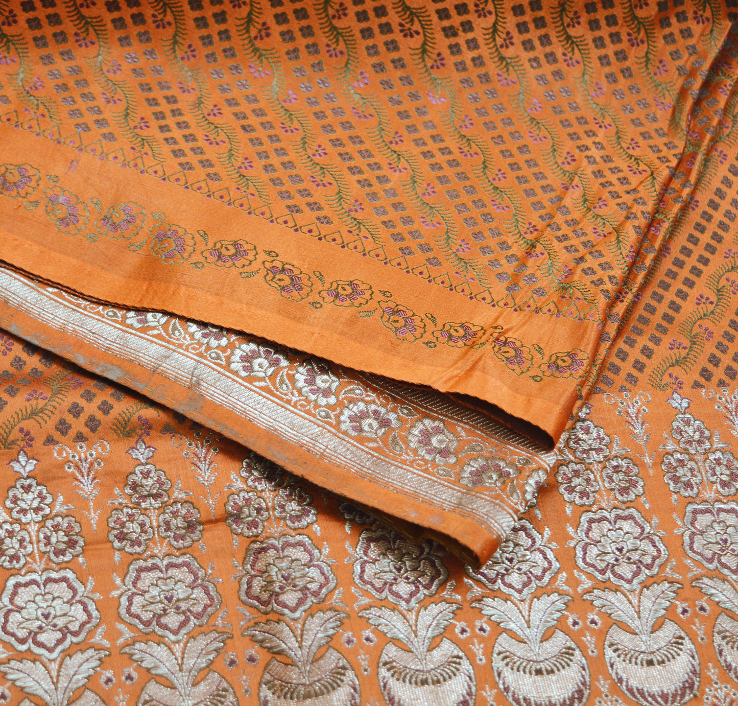 Indian Vintage Sari Orange Heavy Wedding Pure Satin Silk Woven Banarasi Brocade Saree Zari 5Yard