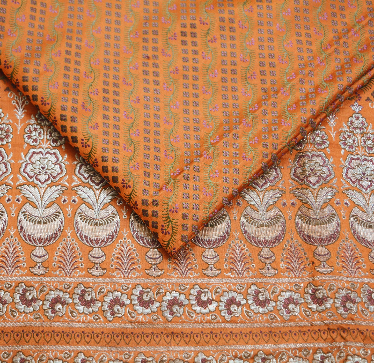 Indian Vintage Sari Orange Heavy Wedding Pure Satin Silk Woven Banarasi Brocade Saree Zari 5Yard