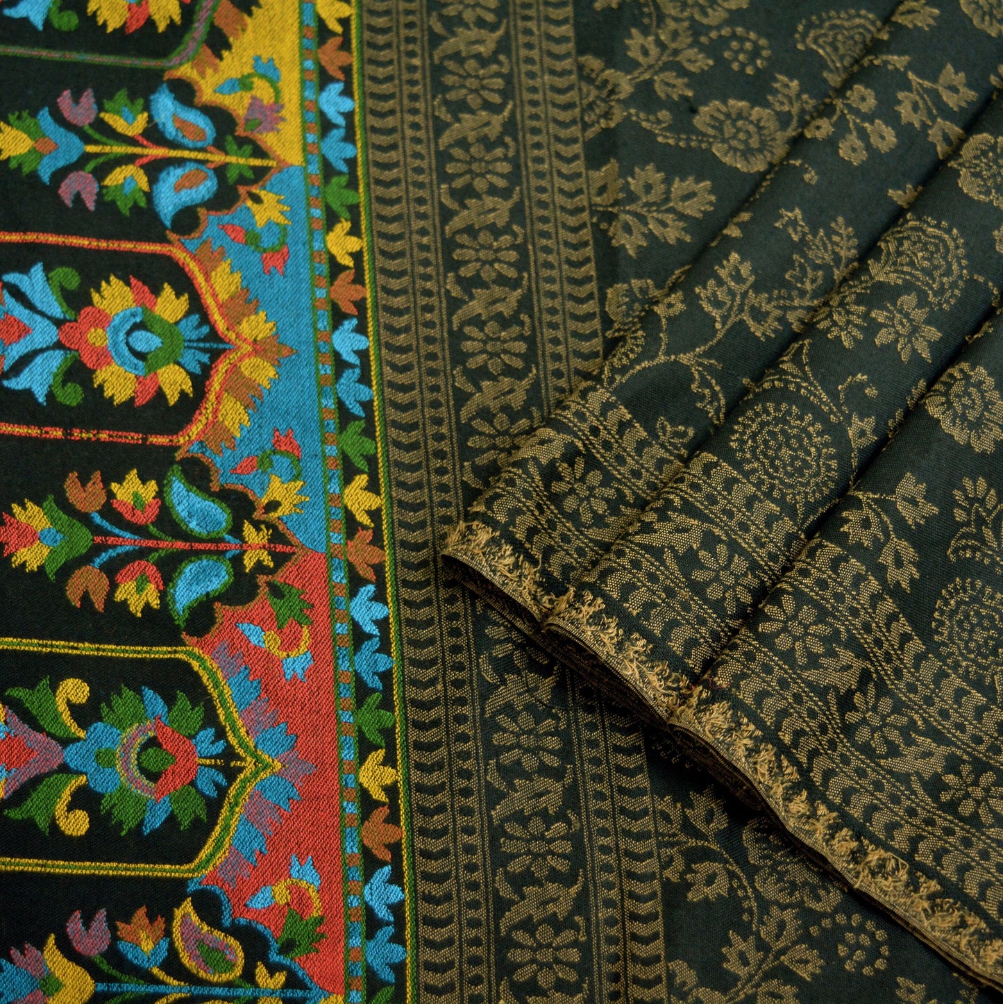 Vintage Black Viscose Shawl Handmade Woven Long Throw Stole Warm Stole Paisley Floral Design Fringes