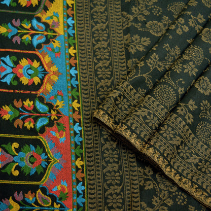 Vintage Black Viscose Shawl Handmade Woven Long Throw Stole Warm Stole Paisley Floral Design Fringes