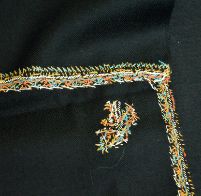 Vintage Black Pure Woolen Shawl Handmade Suzani Long Throw Stole Warm Stole Floral Design