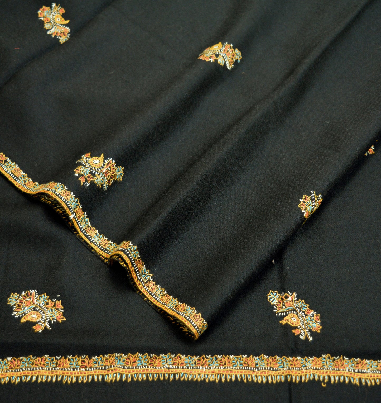 Vintage Black Pure Woolen Shawl Handmade Suzani Long Throw Stole Warm Stole Floral Design