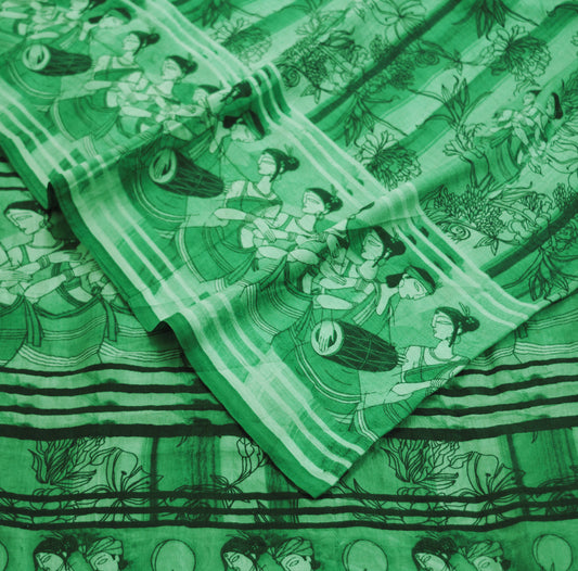 Indian Vintage Sari Green Pure Silk Printed Saree Fabric 5yd Sewing Craft DressMaking  Soft Humans