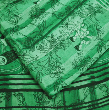 Indian Vintage Sari Green Pure Silk Printed Saree Fabric 5yd Sewing Craft DressMaking  Soft Humans