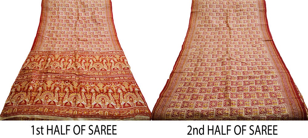 Indian Vintage Sari Ivory Pure Silk Warli Printed Saree Craft Fabric 5Yard Dress making Sewing fabric