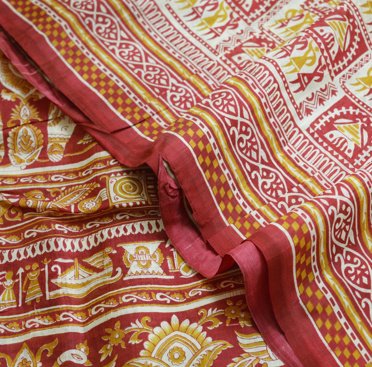 Indian Vintage Sari Ivory Pure Silk Warli Printed Saree Craft Fabric 5Yard Dress making Sewing fabric