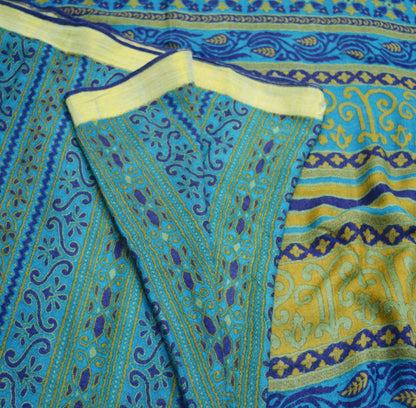 Vintage Blue Heavy Saree Pure Woolen Woven Printed Indian Sari Soft Warm Fabric 5Yard Floral Woven Border