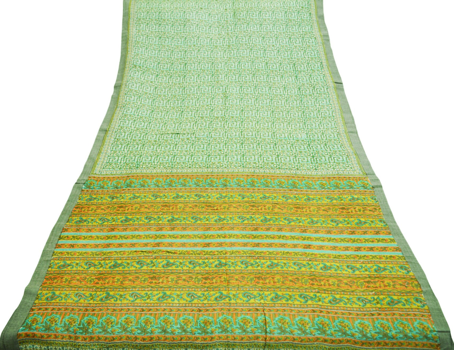 Vintage Green Heavy Saree Pure Woolen Woven Printed Indian Sari Soft Warm Fabric 5Yard Floral Woven Border