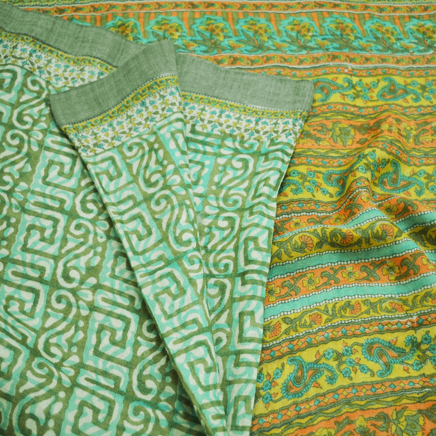 Vintage Green Heavy Saree Pure Woolen Woven Printed Indian Sari Soft Warm Fabric 5Yard Floral Woven Border