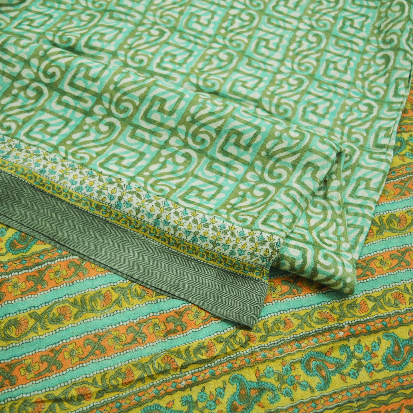 Vintage Green Heavy Saree Pure Woolen Woven Printed Indian Sari Soft Warm Fabric 5Yard Floral Woven Border