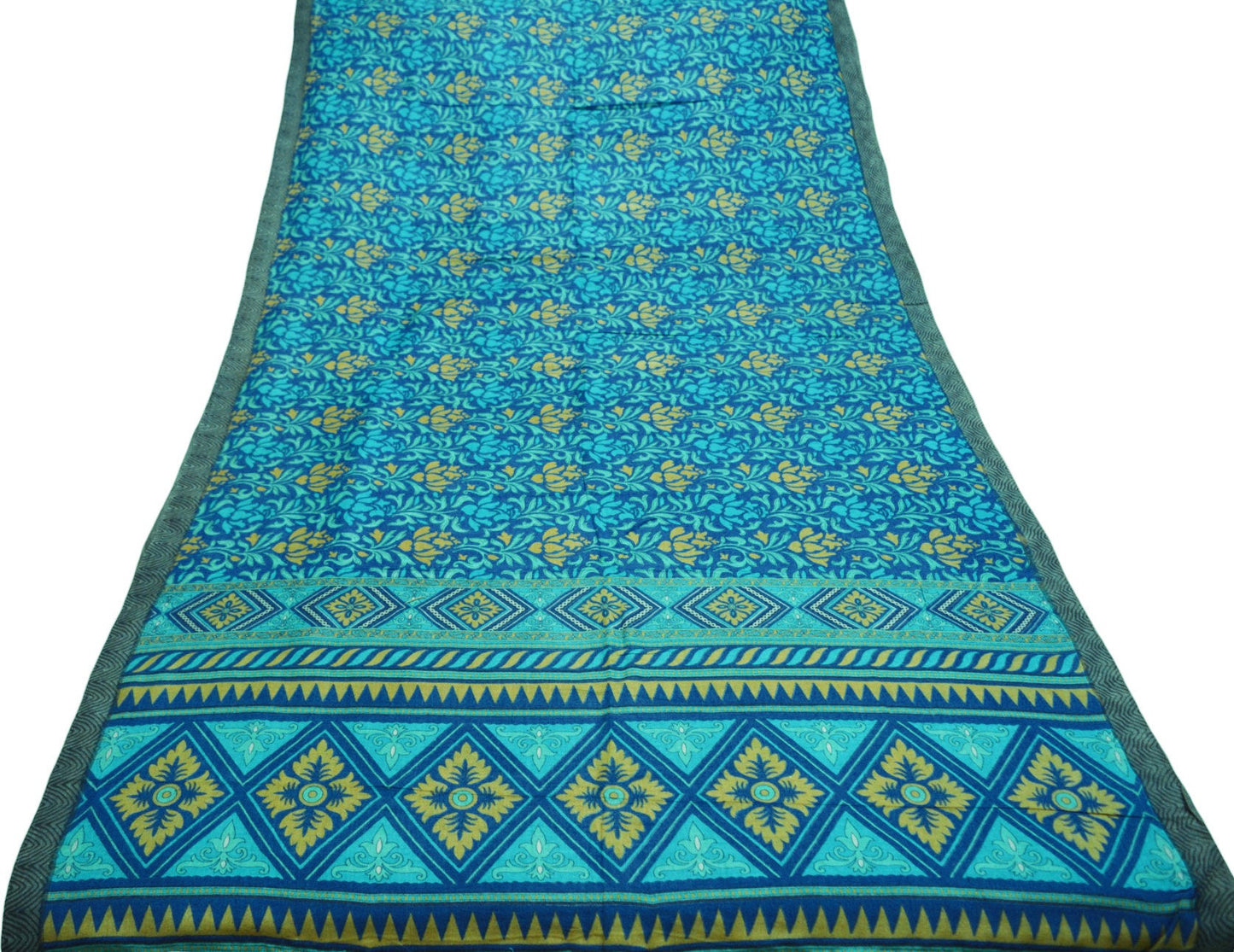 Vintage Blue Heavy Saree Pure Woolen Woven Printed Indian Sari Soft Warm Fabric 5Yard Floral Woven Border