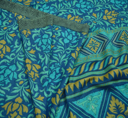 Vintage Blue Heavy Saree Pure Woolen Woven Printed Indian Sari Soft Warm Fabric 5Yard Floral Woven Border