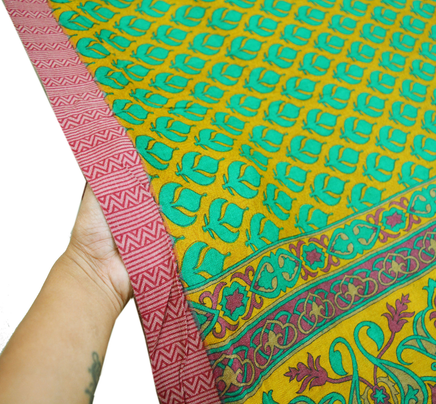 Vintage Green & Mustard Heavy Saree Pure Woolen Woven Printed Indian Sari Soft Warm Fabric 5Yard Floral Woven Border