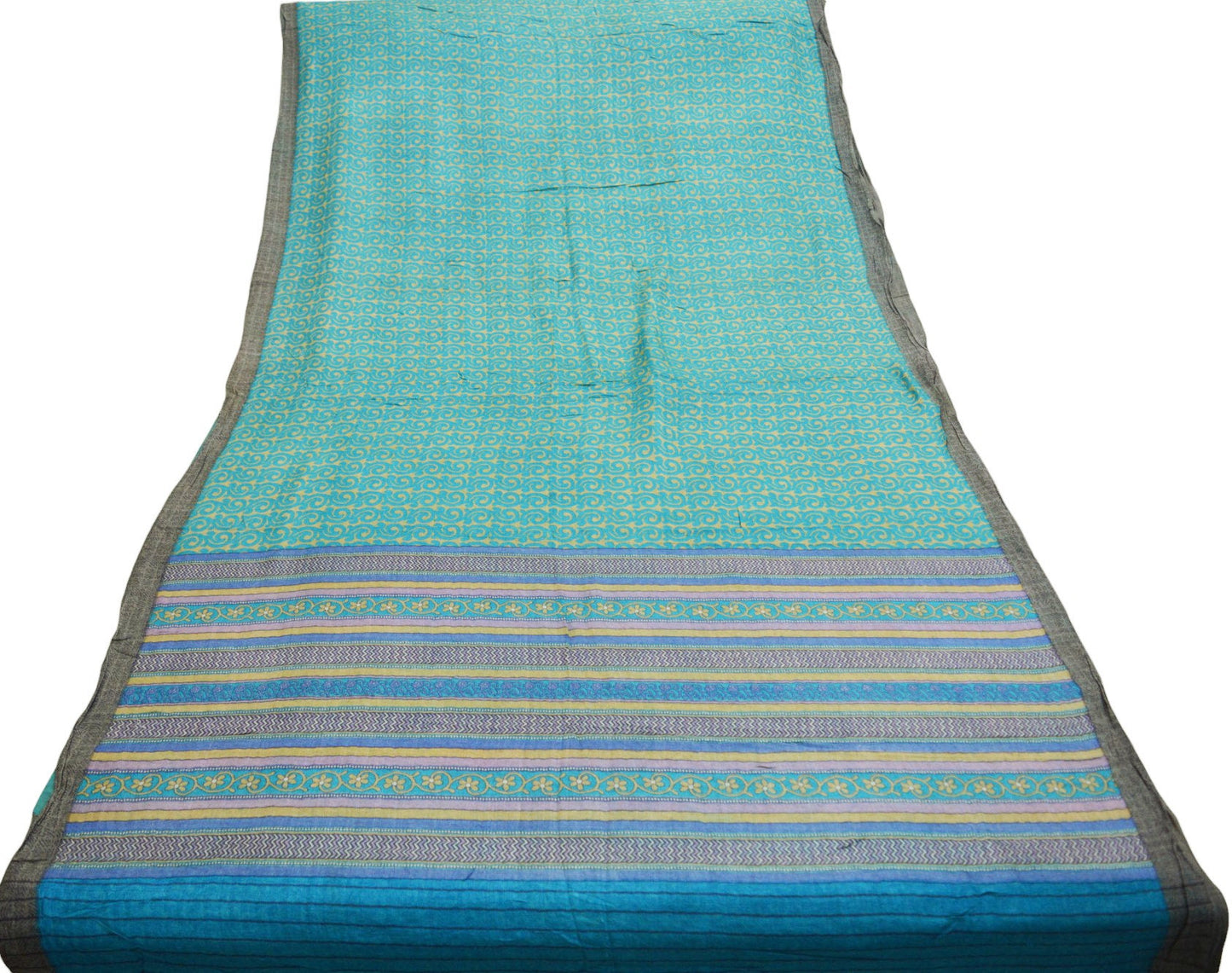 Vintage Blue & Green Heavy Saree Pure Woolen Woven Printed Indian Sari Soft Warm Fabric 5Yard Floral Woven Border