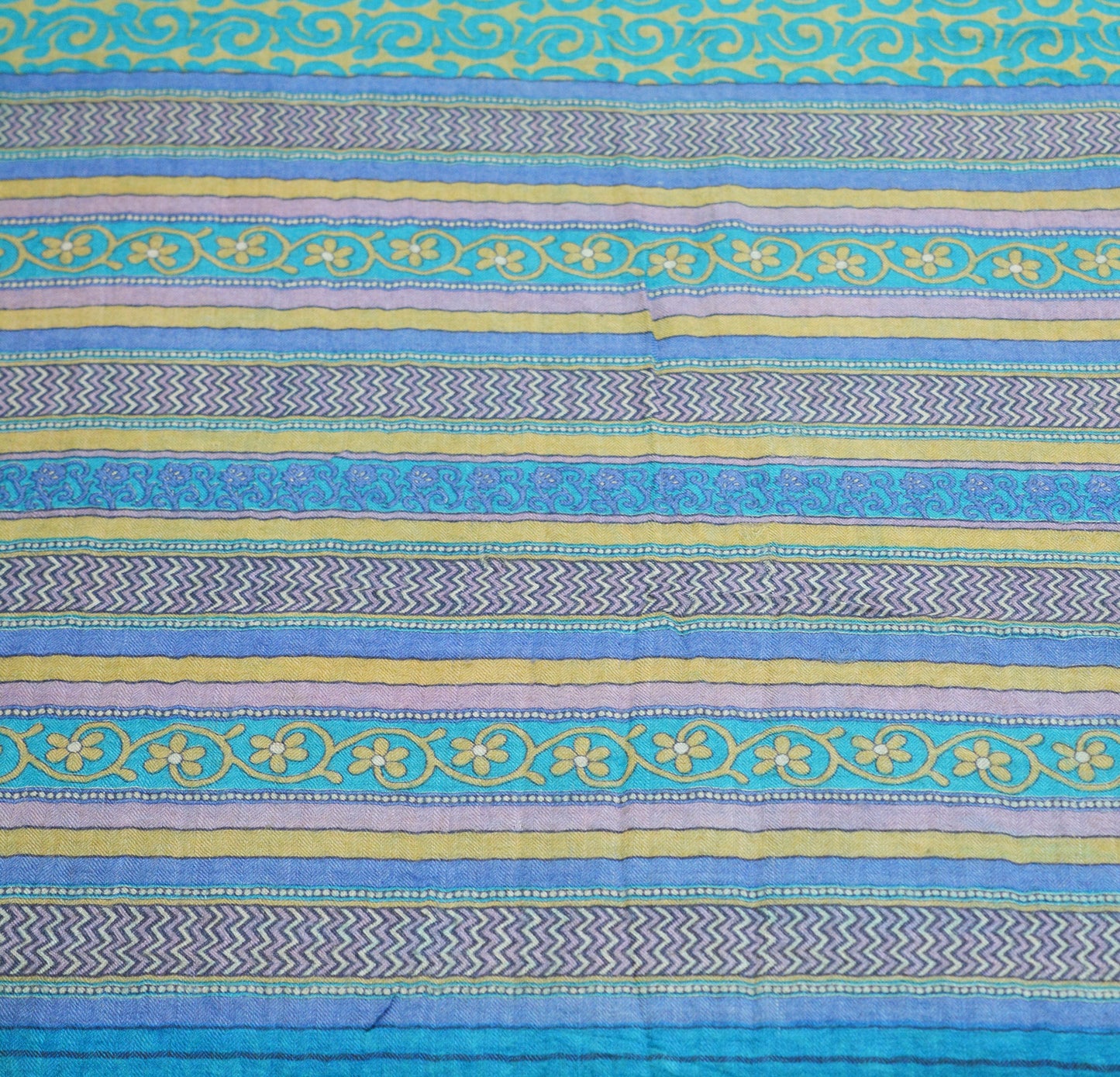 Vintage Blue & Green Heavy Saree Pure Woolen Woven Printed Indian Sari Soft Warm Fabric 5Yard Floral Woven Border